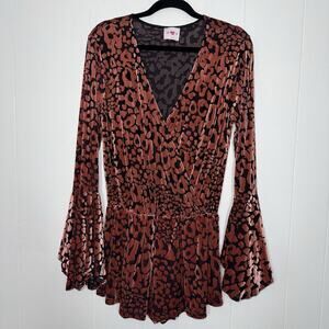 Buddy Love Women’s Velvet Leopard Print Romper Boho Flare Sleeve Mauve Size S